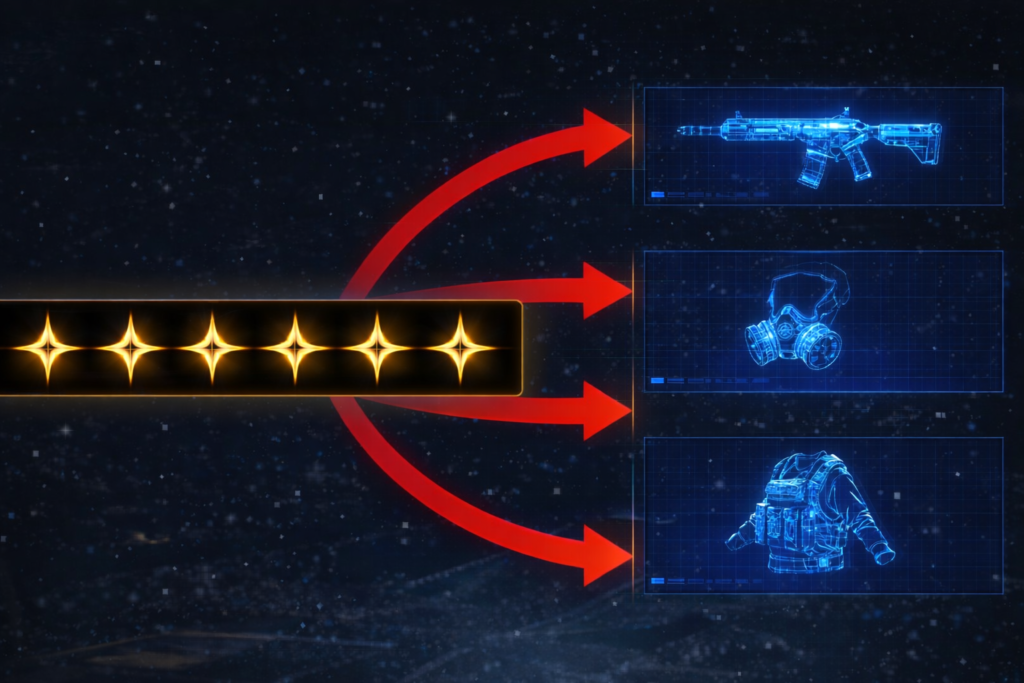Once Human 6 star blueprints upgrade system showing golden stars connected to weapon and gear blueprints