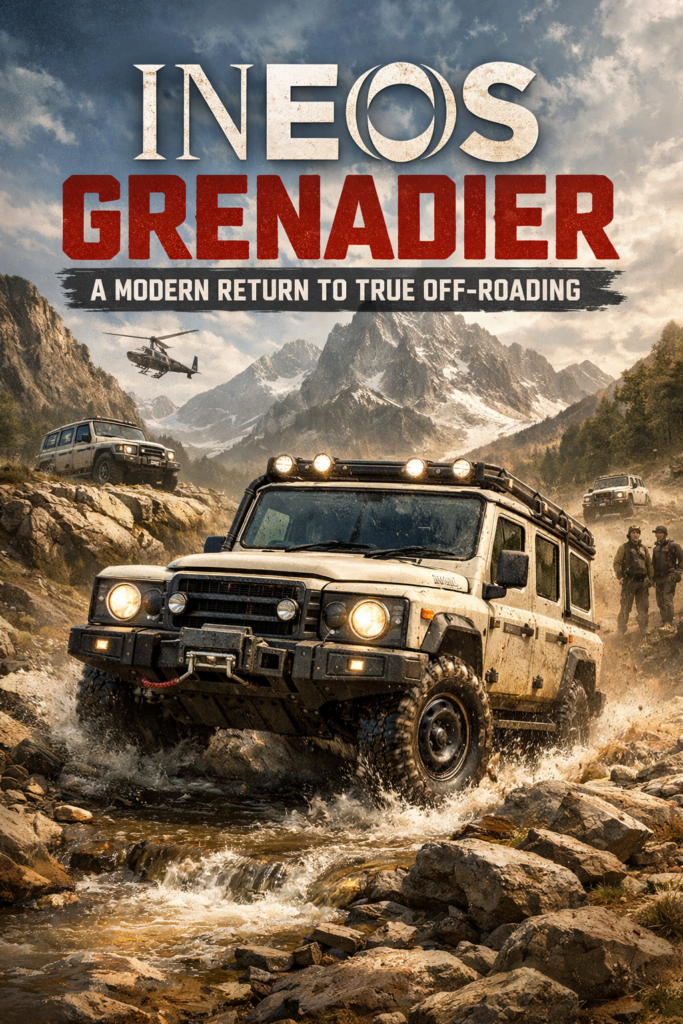 Black Ineos Grenadier 4x4 off-road vehicle driving through rocky mountain terrain at sunrise, covered in light mud with roof rack expedition gear