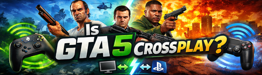 A vibrant digital banner features the bold question "Is GTA 5 Crossplay?" with colorful, striking text…