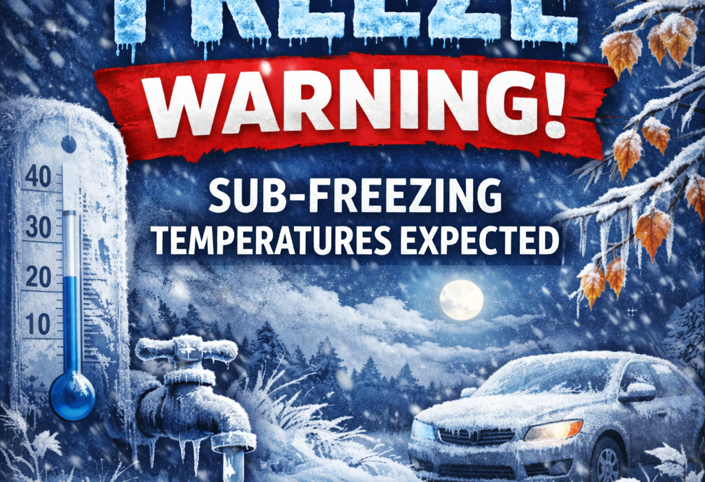 Freeze warning banner showing icy thermometer, frozen car, frost-covered pipes, and winter night scene indicating sub-freezing temperatures.