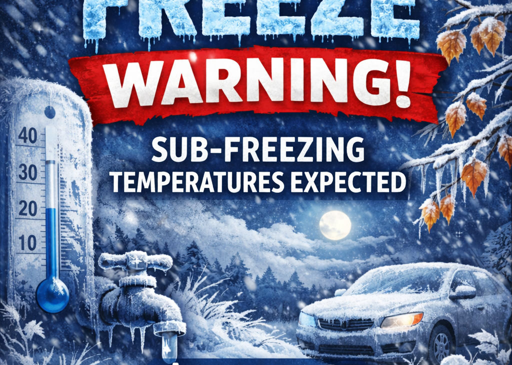 Freeze warning banner showing icy thermometer, frozen car, frost-covered pipes, and winter night scene indicating sub-freezing temperatures.