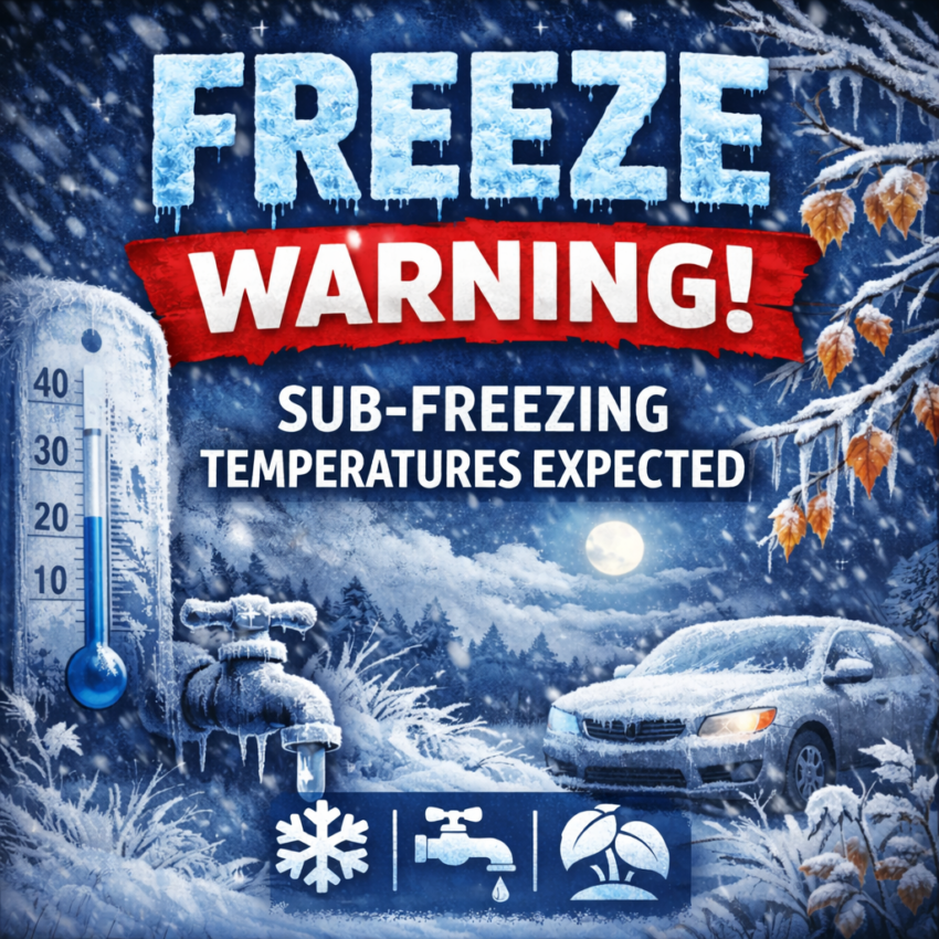 Freeze warning banner showing icy thermometer, frozen car, frost-covered pipes, and winter night scene indicating sub-freezing temperatures.