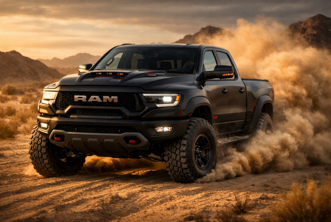 RAM TRX high-performance pickup truck driving aggressively through desert terrain at golden hour