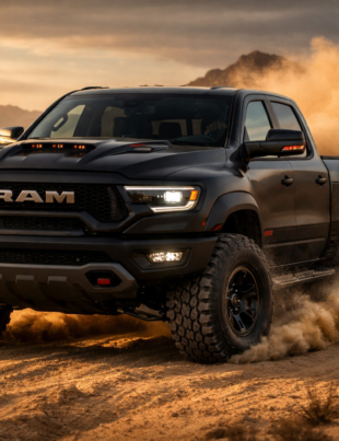 RAM TRX high-performance pickup truck driving aggressively through desert terrain at golden hour