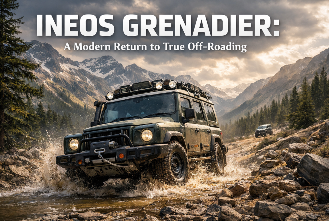 Black Ineos Grenadier 4x4 off-road vehicle driving through rocky mountain terrain at sunrise, covered in light mud with roof rack expedition gear