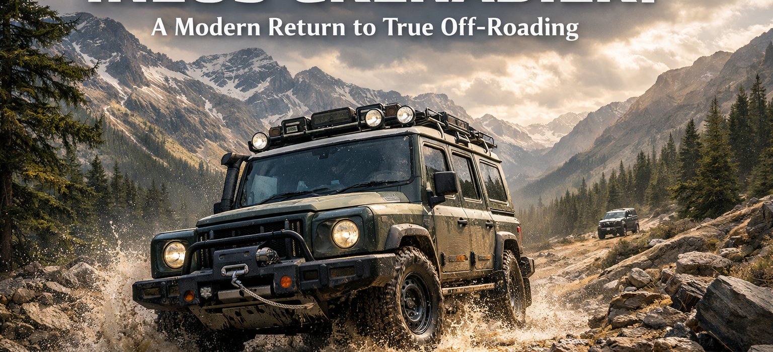 Black Ineos Grenadier 4x4 off-road vehicle driving through rocky mountain terrain at sunrise, covered in light mud with roof rack expedition gear