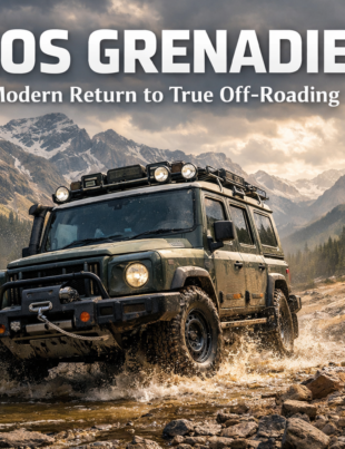 Black Ineos Grenadier 4x4 off-road vehicle driving through rocky mountain terrain at sunrise, covered in light mud with roof rack expedition gear