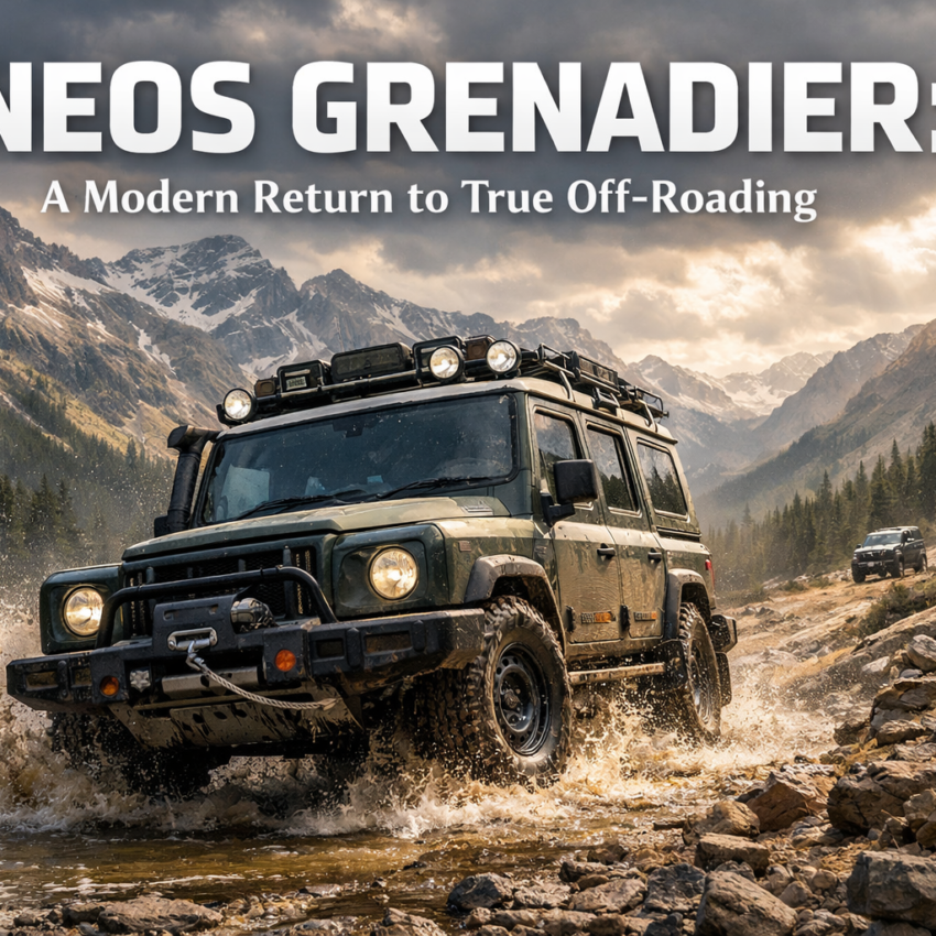 Black Ineos Grenadier 4x4 off-road vehicle driving through rocky mountain terrain at sunrise, covered in light mud with roof rack expedition gear