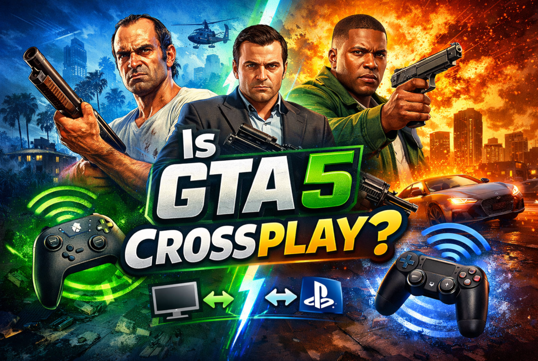 A vibrant digital banner features the bold question "Is GTA 5 Crossplay?" with colorful, striking text…