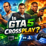 A vibrant digital banner features the bold question "Is GTA 5 Crossplay?" with colorful, striking text…