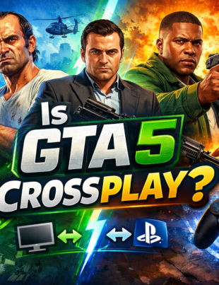A vibrant digital banner features the bold question "Is GTA 5 Crossplay?" with colorful, striking text…